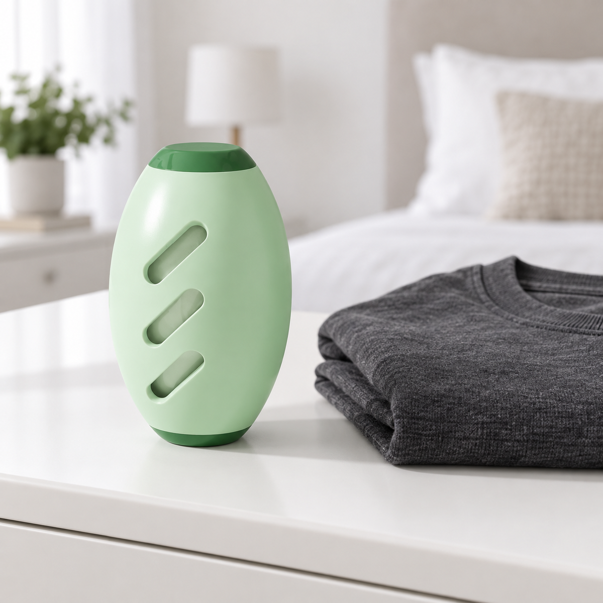 Quitapelusas verde sobre una mesa de dormitorio, junto a un suéter doblado.